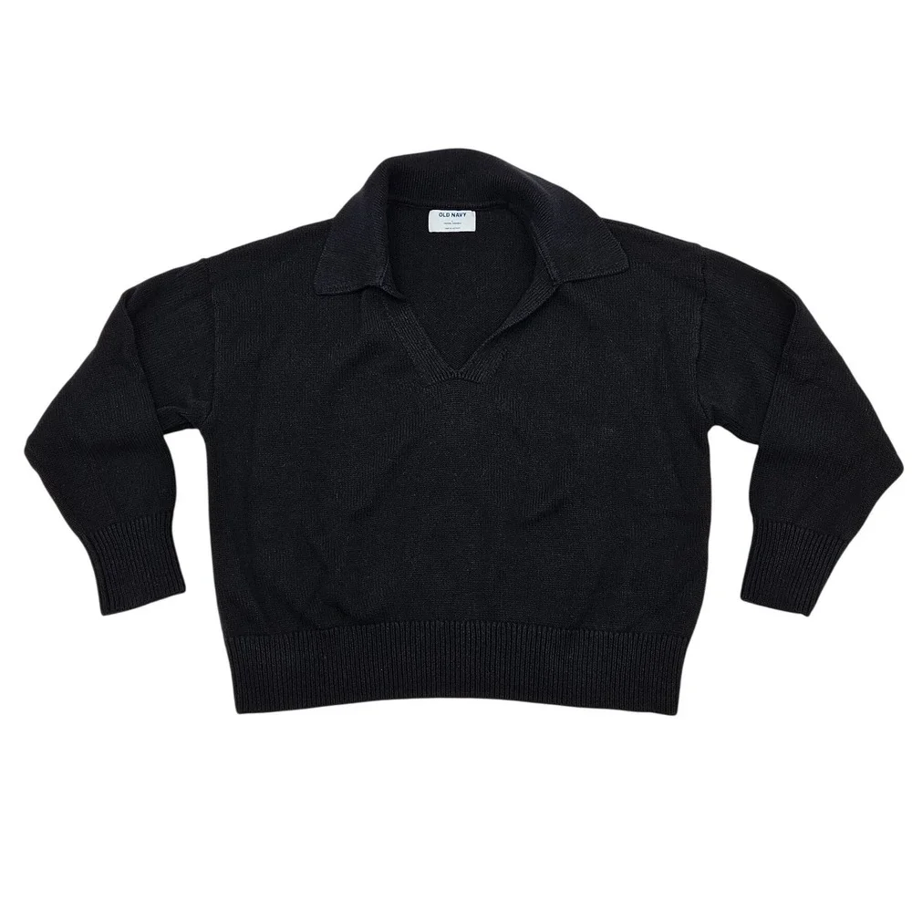 Old Navy Womens Black 100% Cotton Polo Collar V-Neck Knit‎ Sweater Large